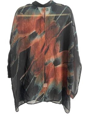 Johnny Was Biya Sheer Silk Blouse Oversized Floral Roll Tab Sleeves Size M